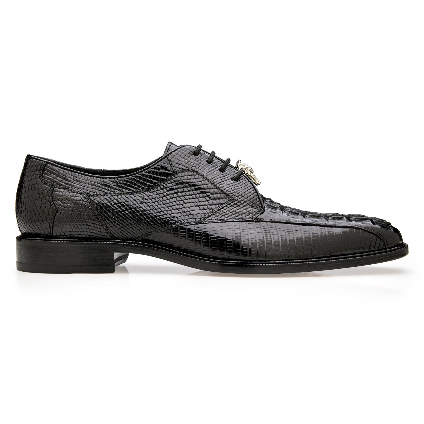 The BELVEDERE Lusso R115 is a black genuine hornback/lizard dress shoe shown in side profile against a white background, featuring a textured reptile-patterned leather upper with classic bicycle toe lace-up design.