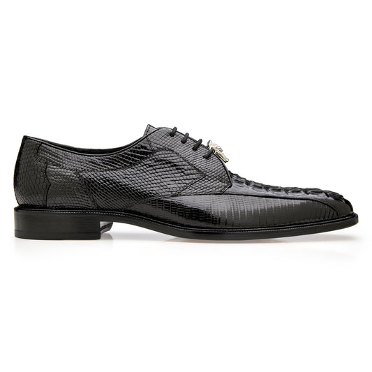 The BELVEDERE Lusso R115 is a black genuine hornback/lizard dress shoe shown in side profile against a white background, featuring a textured reptile-patterned leather upper with classic bicycle toe lace-up design.