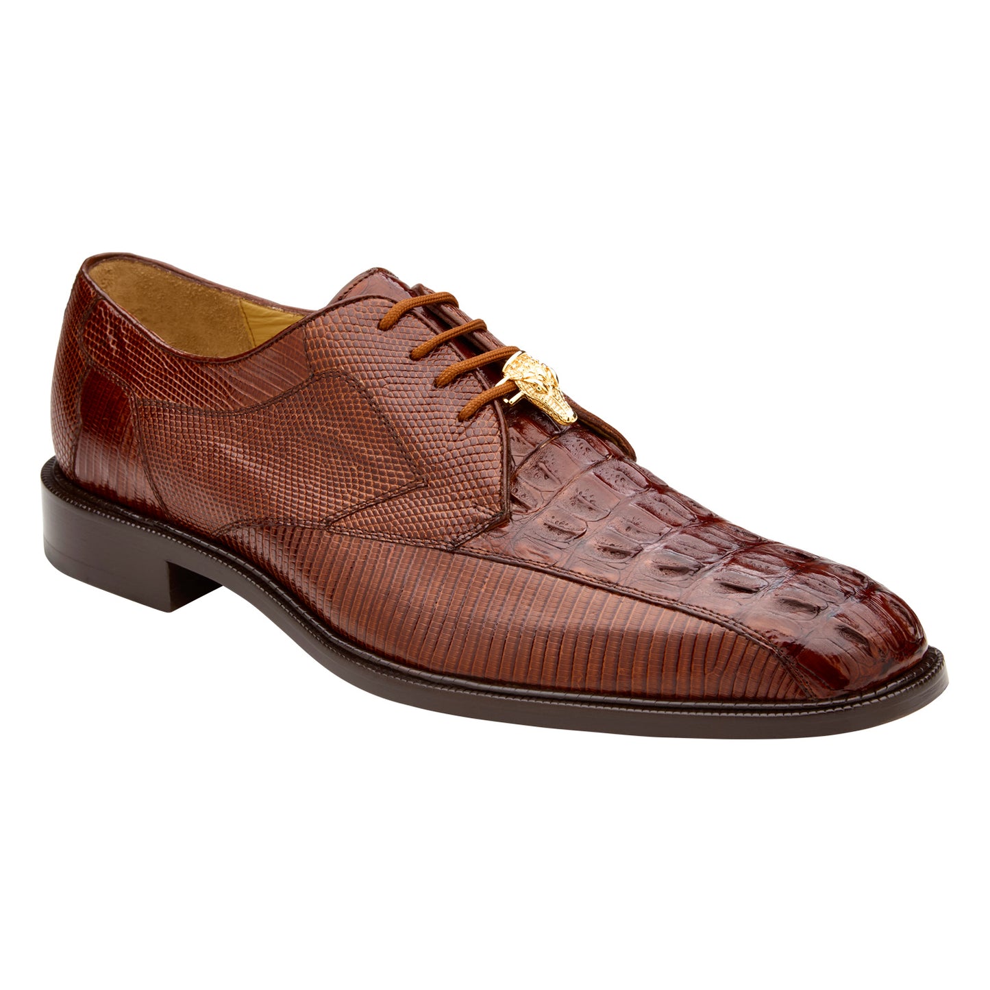 The BELVEDERE Lusso is a genuine hornback/lizard dress shoe in antique walnut, featuring a textured finish, low heel, lace-up closure, and leather lining. Shown in side profile against a white background.