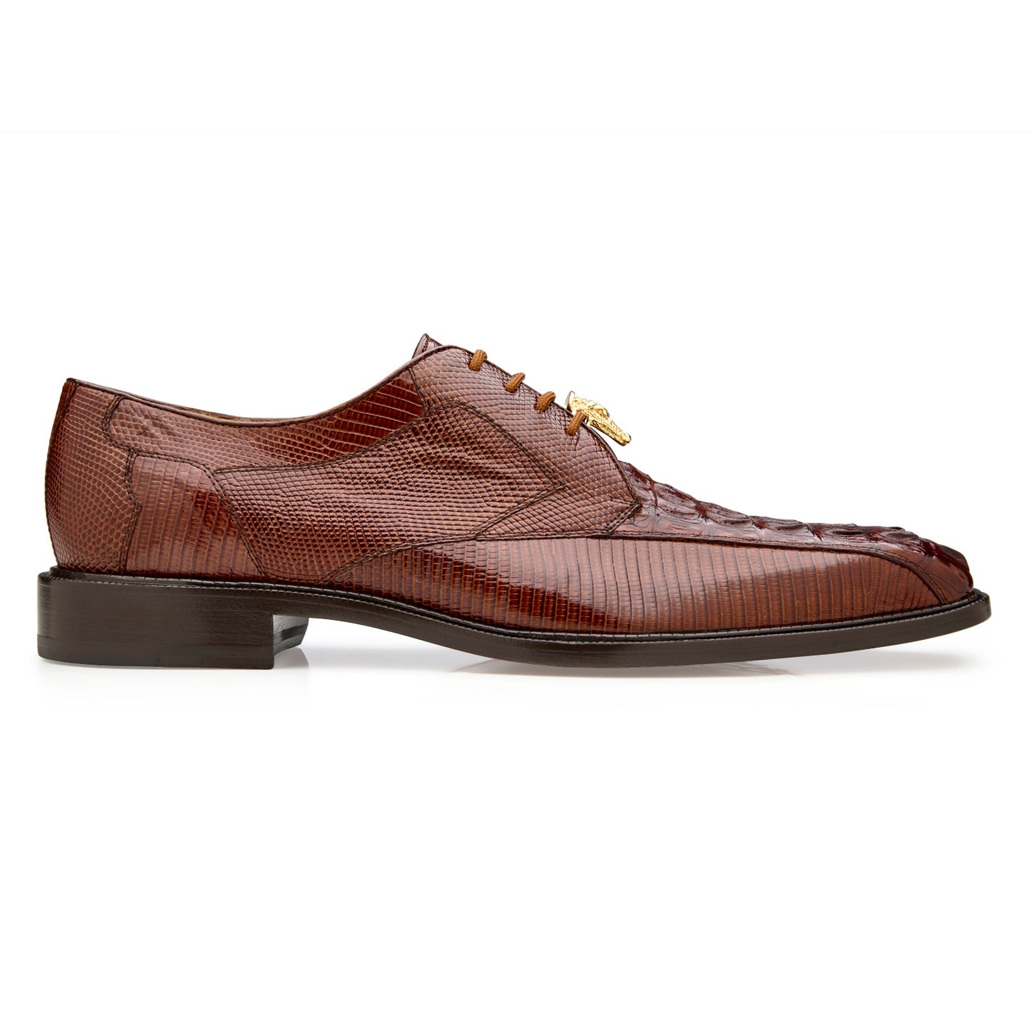 The BELVEDERE Lusso is a genuine hornback/lizard dress shoe in antique walnut, featuring a textured finish, low heel, lace-up closure, and leather lining. Shown in side profile against a white background.