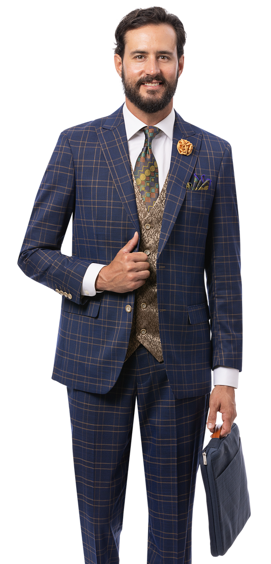 A man wearing the EJ SAMUEL Blue Suit M2815, a white shirt, patterned tie, stylish vest, and holding a blue portfolio bag stands against a plain background.