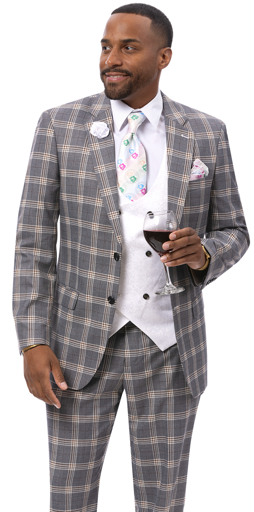 A man in the EJ SAMUEL Gray Suit M2816 holds a glass of red wine, sporting a fancy vest and colorful tie as he looks to the side.