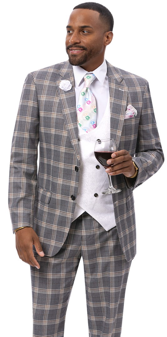 A man in the EJ SAMUEL Gray Suit M2816 holds a glass of red wine, sporting a fancy vest and colorful tie as he looks to the side.
