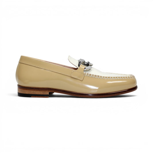 The Emilio Franco M2 Beige/Bone loafer features Italian-crafted beige and bone leather with a silver buckle detail, classic leather sole, and wooden heel, displayed in a side profile against a white background.