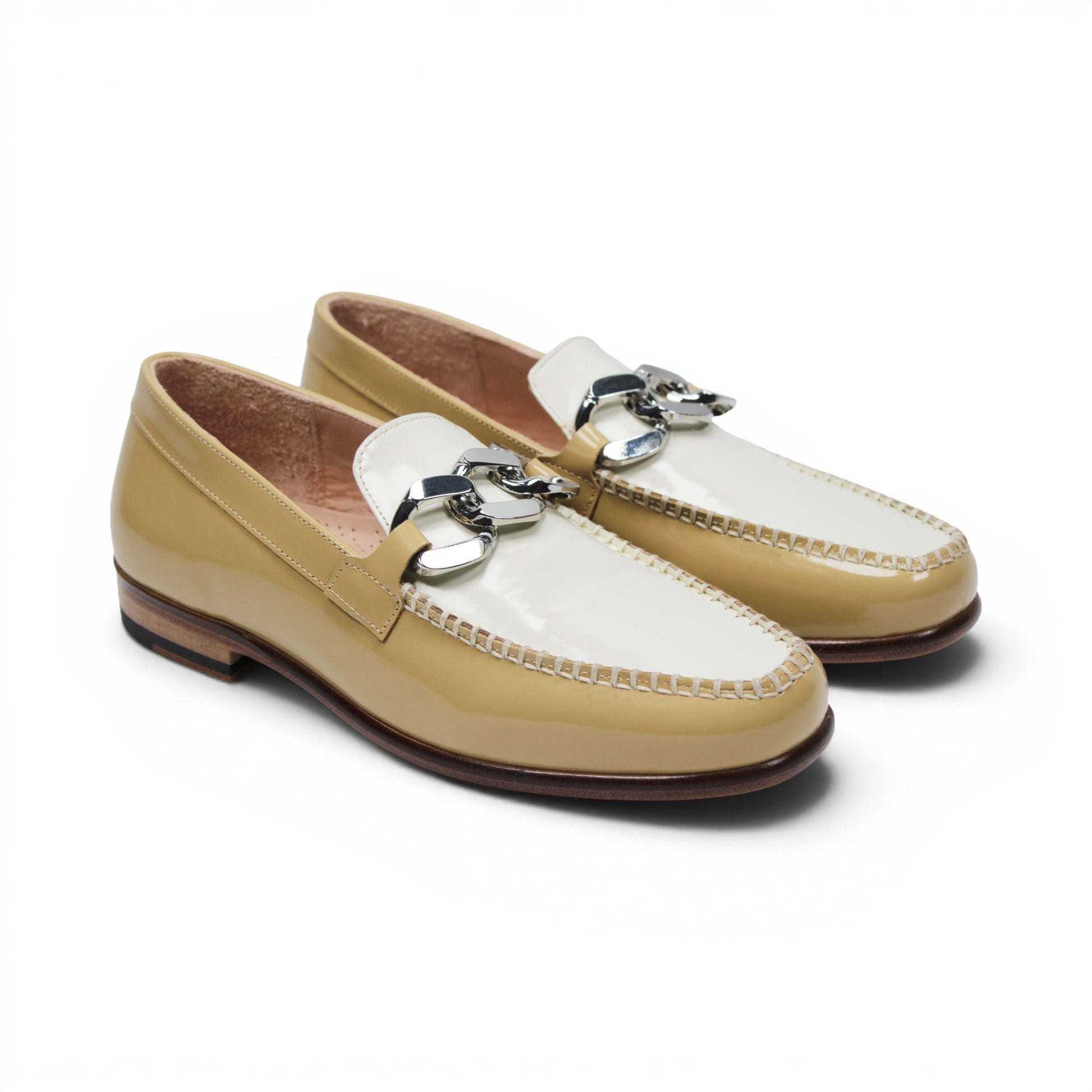 The Emilio Franco M2 Beige/Bone loafer features Italian-crafted beige and bone leather with a silver buckle detail, classic leather sole, and wooden heel, displayed in a side profile against a white background.