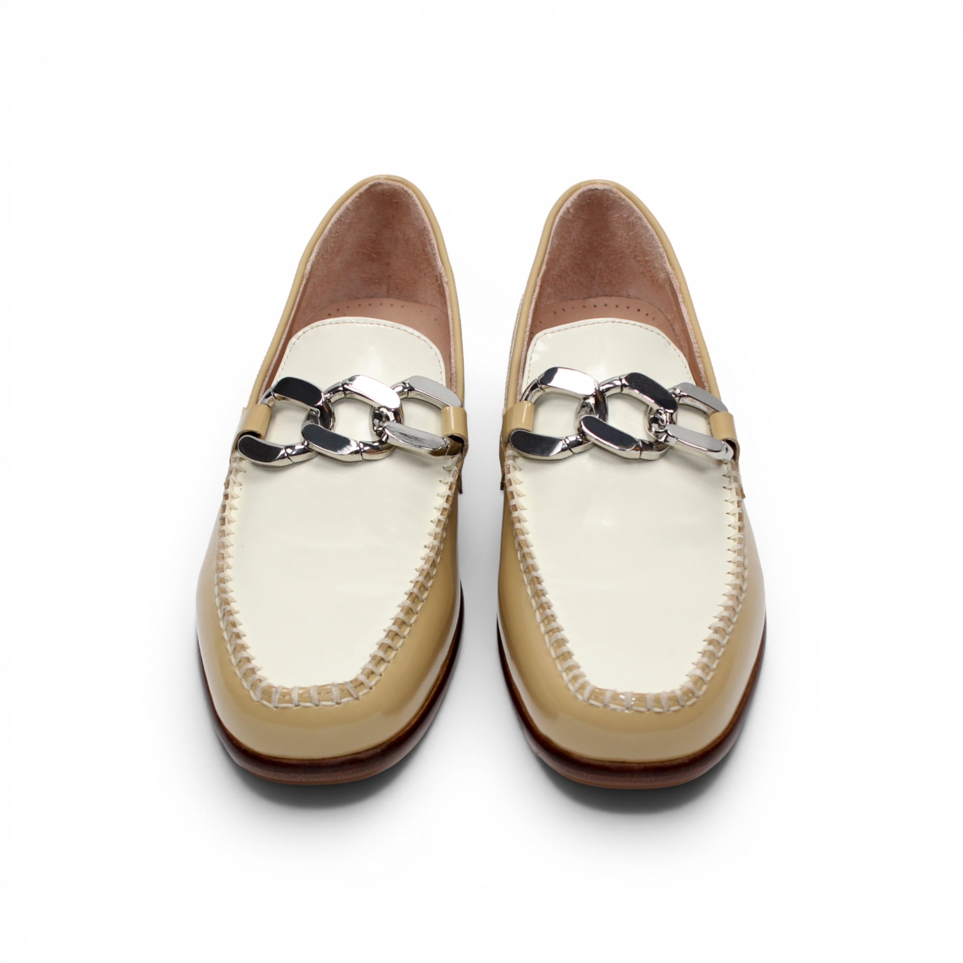The Emilio Franco M2 Beige/Bone loafer features Italian-crafted beige and bone leather with a silver buckle detail, classic leather sole, and wooden heel, displayed in a side profile against a white background.