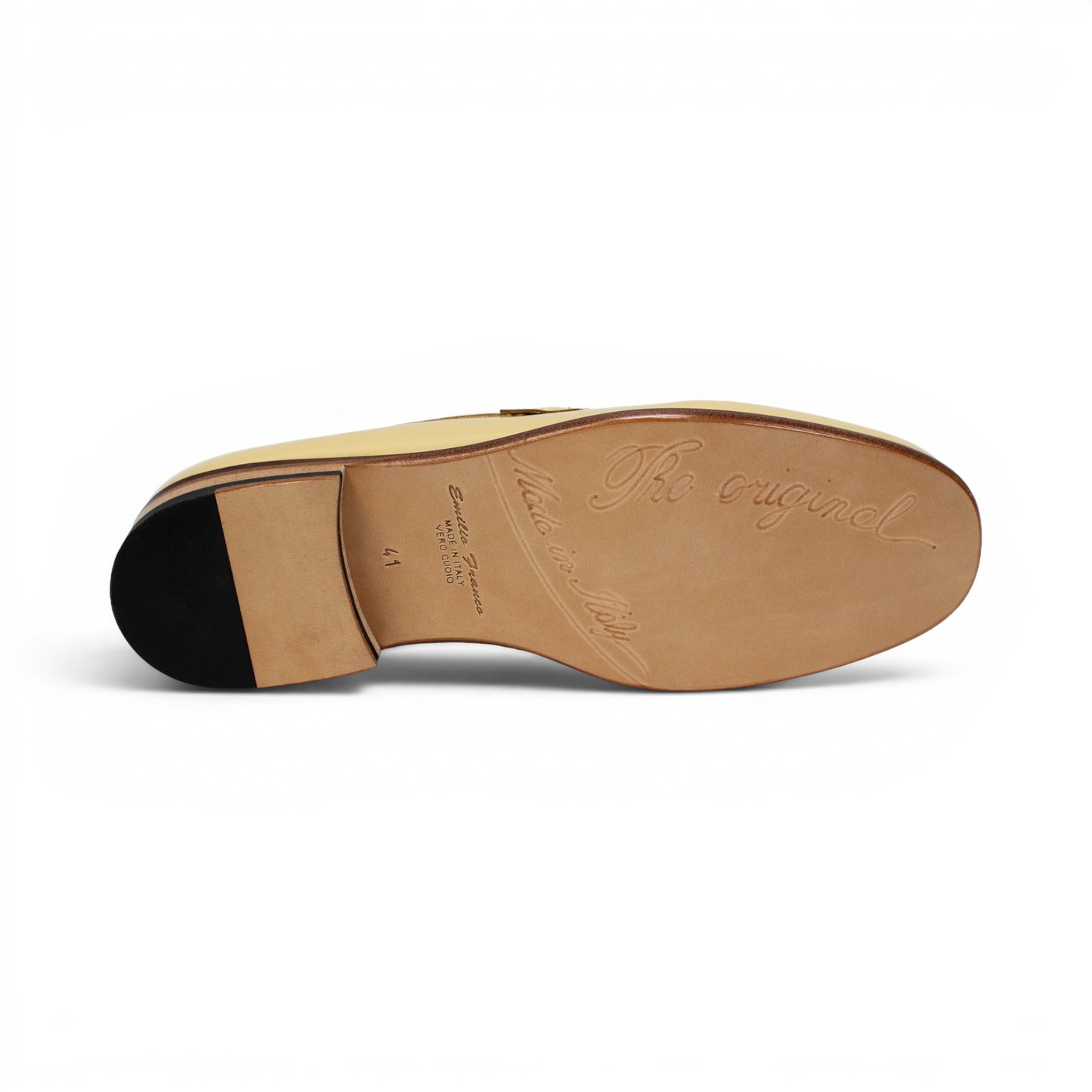The Emilio Franco M2 Beige/Bone loafer features Italian-crafted beige and bone leather with a silver buckle detail, classic leather sole, and wooden heel, displayed in a side profile against a white background.