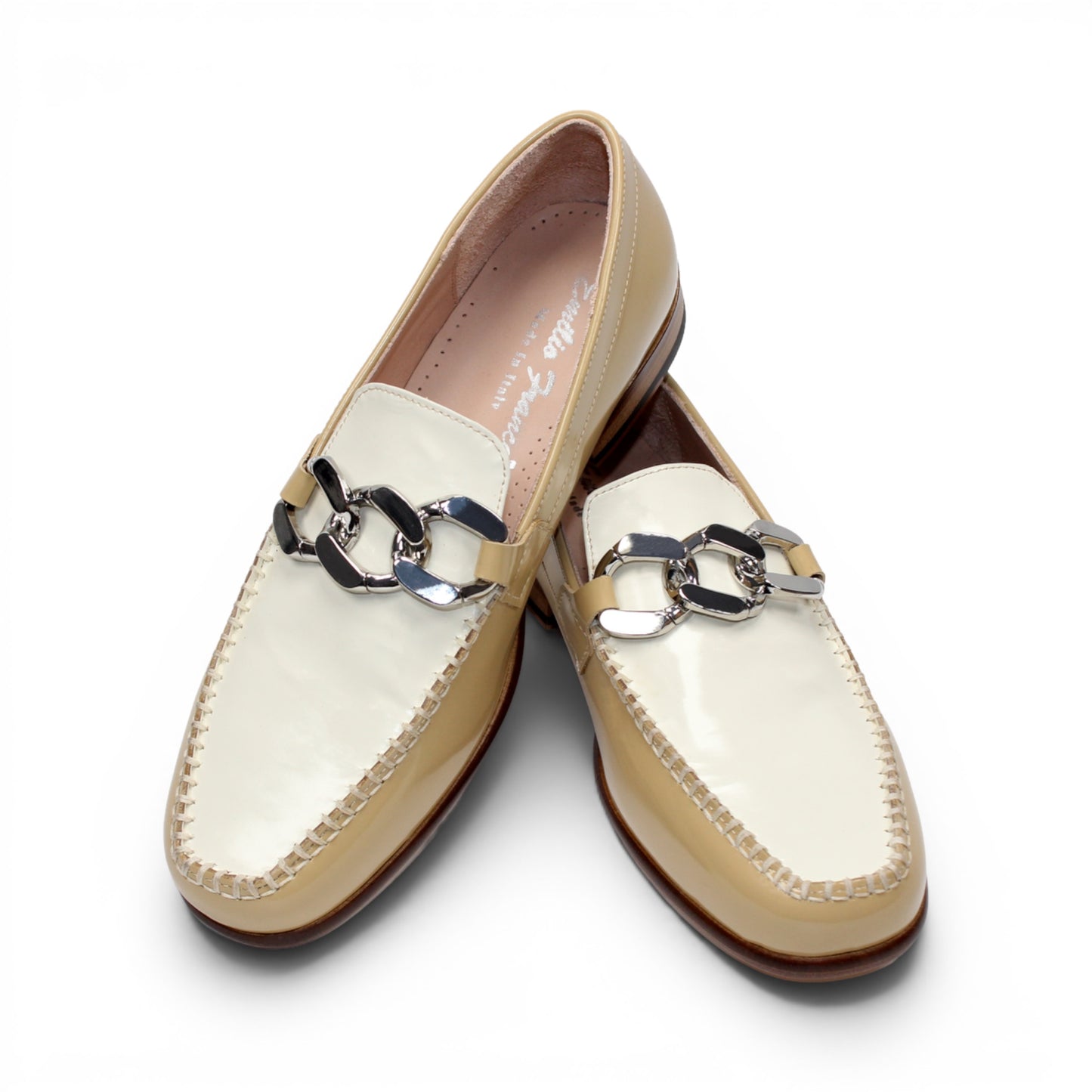 The Emilio Franco M2 Beige/Bone loafer features Italian-crafted beige and bone leather with a silver buckle detail, classic leather sole, and wooden heel, displayed in a side profile against a white background.
