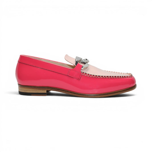 The Emilio Franco M2 Pink/Light Pink loafer, crafted in Italy from pink and beige leather, features a silver decorative buckle, wooden sole, and visible stitching. It is shown from the side on a white background.