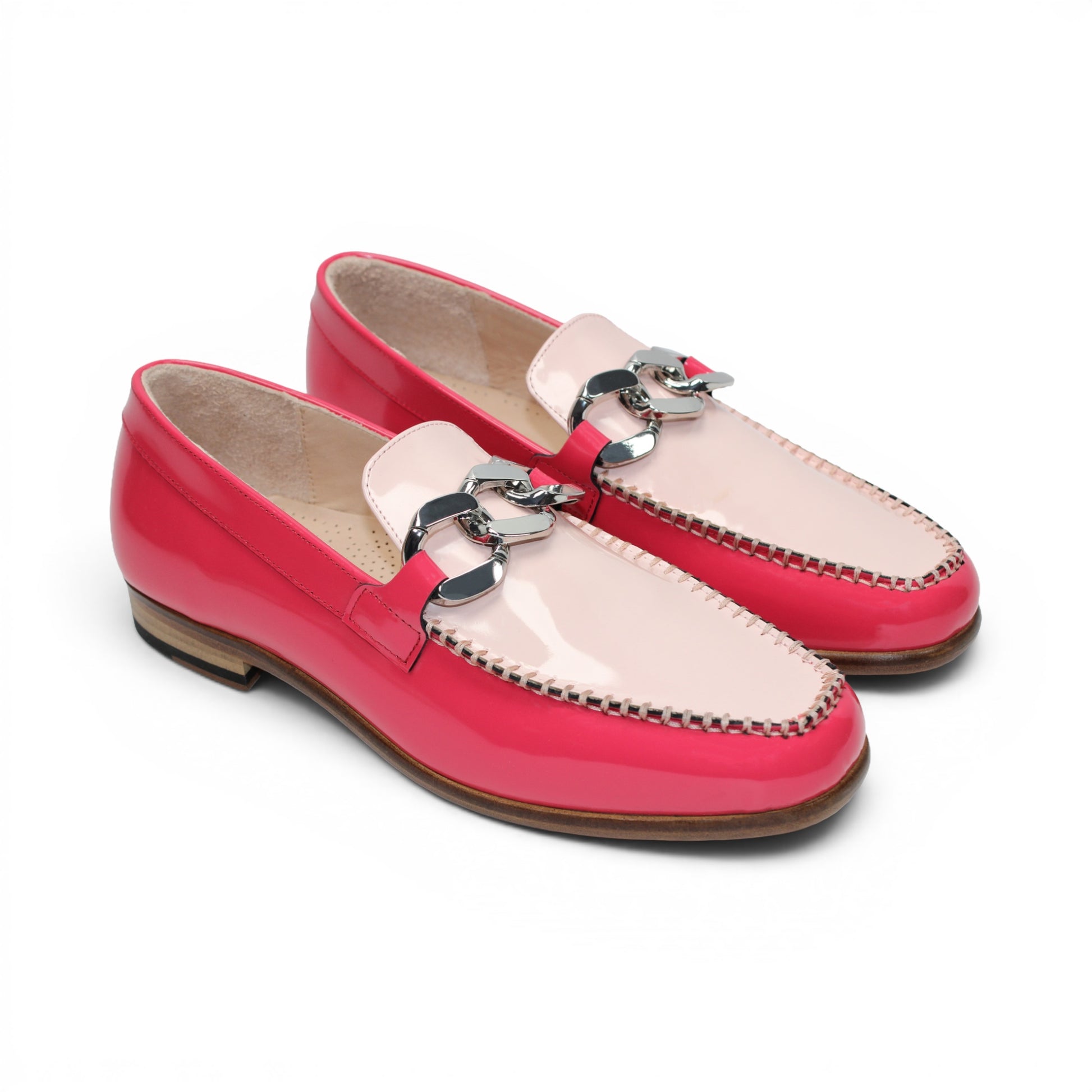 The Emilio Franco M2 Pink/Light Pink loafer, crafted in Italy from pink and beige leather, features a silver decorative buckle, wooden sole, and visible stitching. It is shown from the side on a white background.