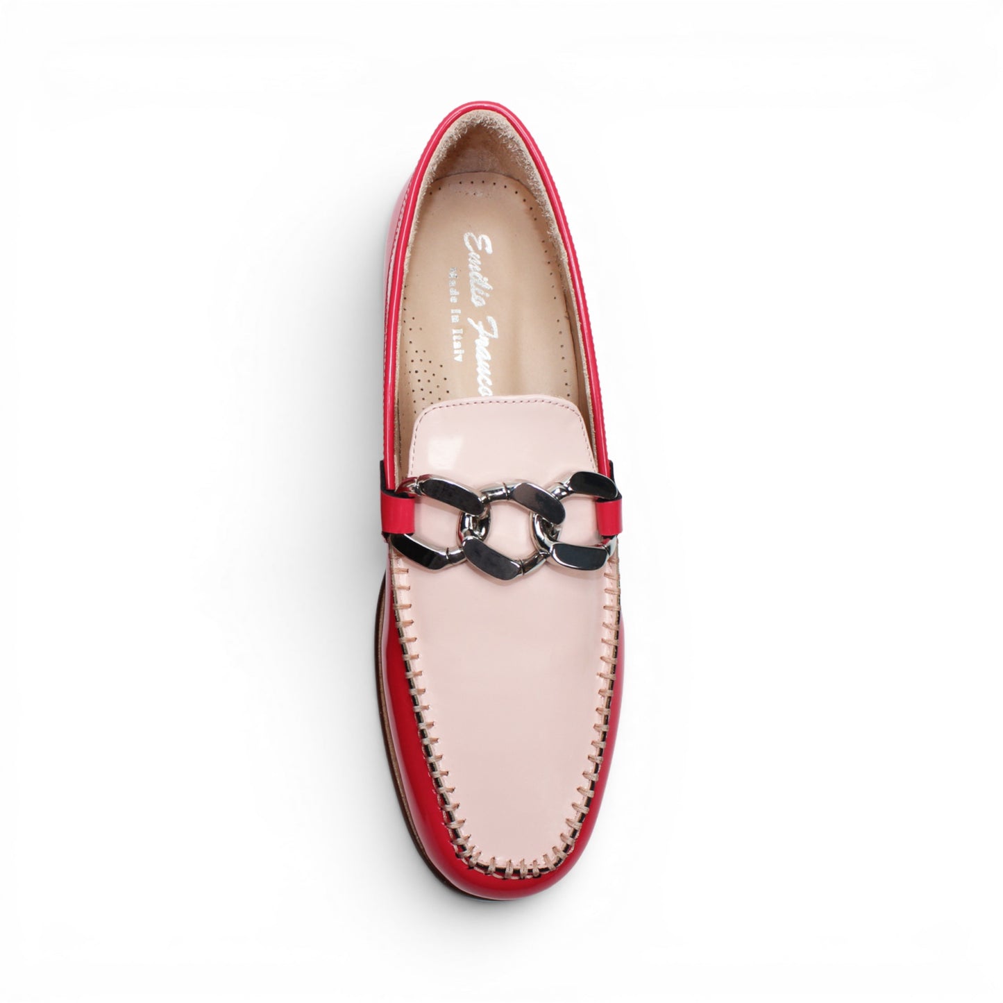 The Emilio Franco M2 Pink/Light Pink loafer, crafted in Italy from pink and beige leather, features a silver decorative buckle, wooden sole, and visible stitching. It is shown from the side on a white background.