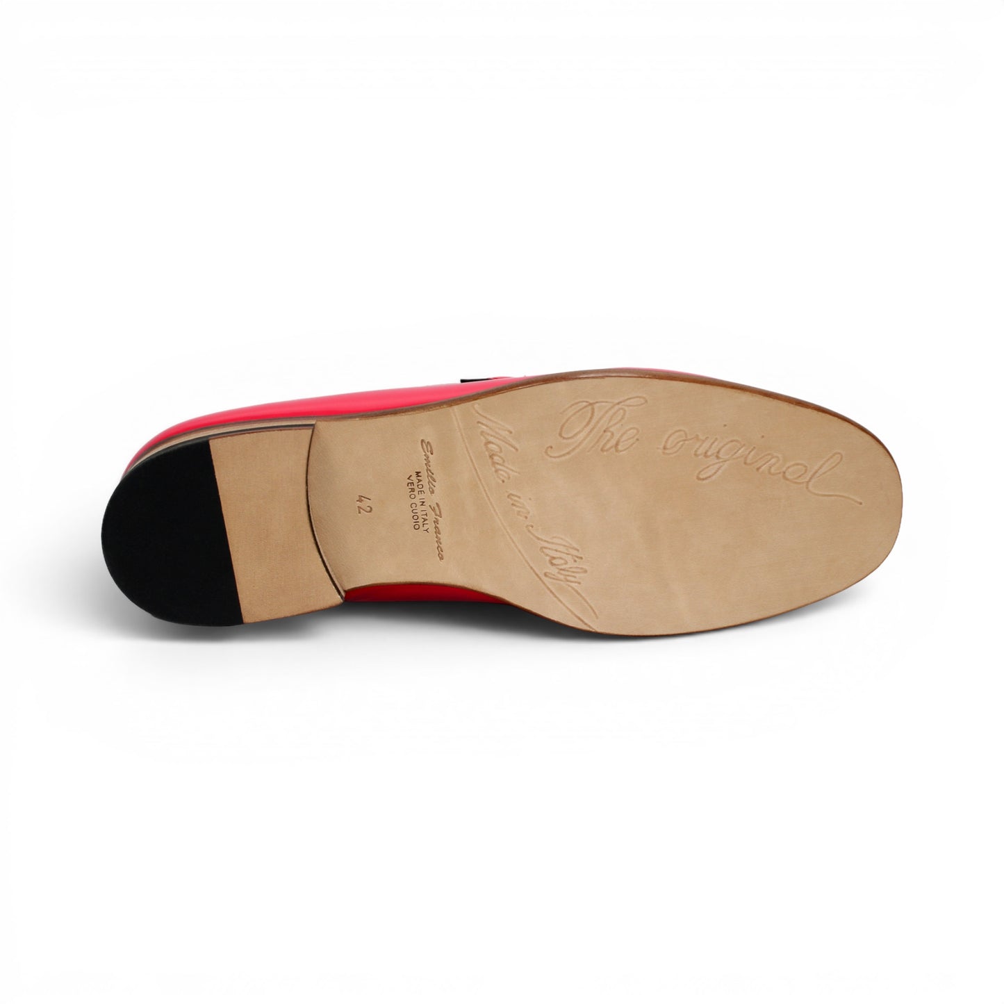 The Emilio Franco M2 Pink/Light Pink loafer, crafted in Italy from pink and beige leather, features a silver decorative buckle, wooden sole, and visible stitching. It is shown from the side on a white background.