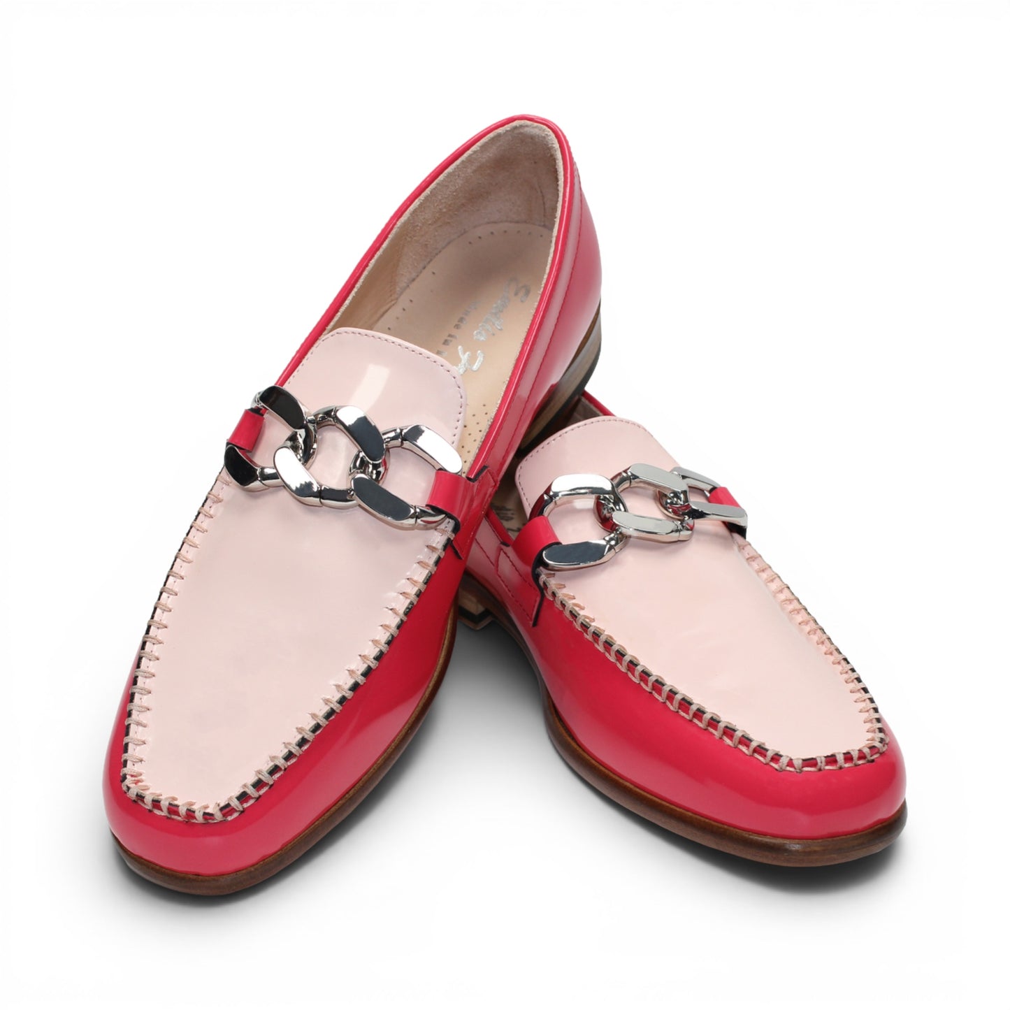 The Emilio Franco M2 Pink/Light Pink loafer, crafted in Italy from pink and beige leather, features a silver decorative buckle, wooden sole, and visible stitching. It is shown from the side on a white background.