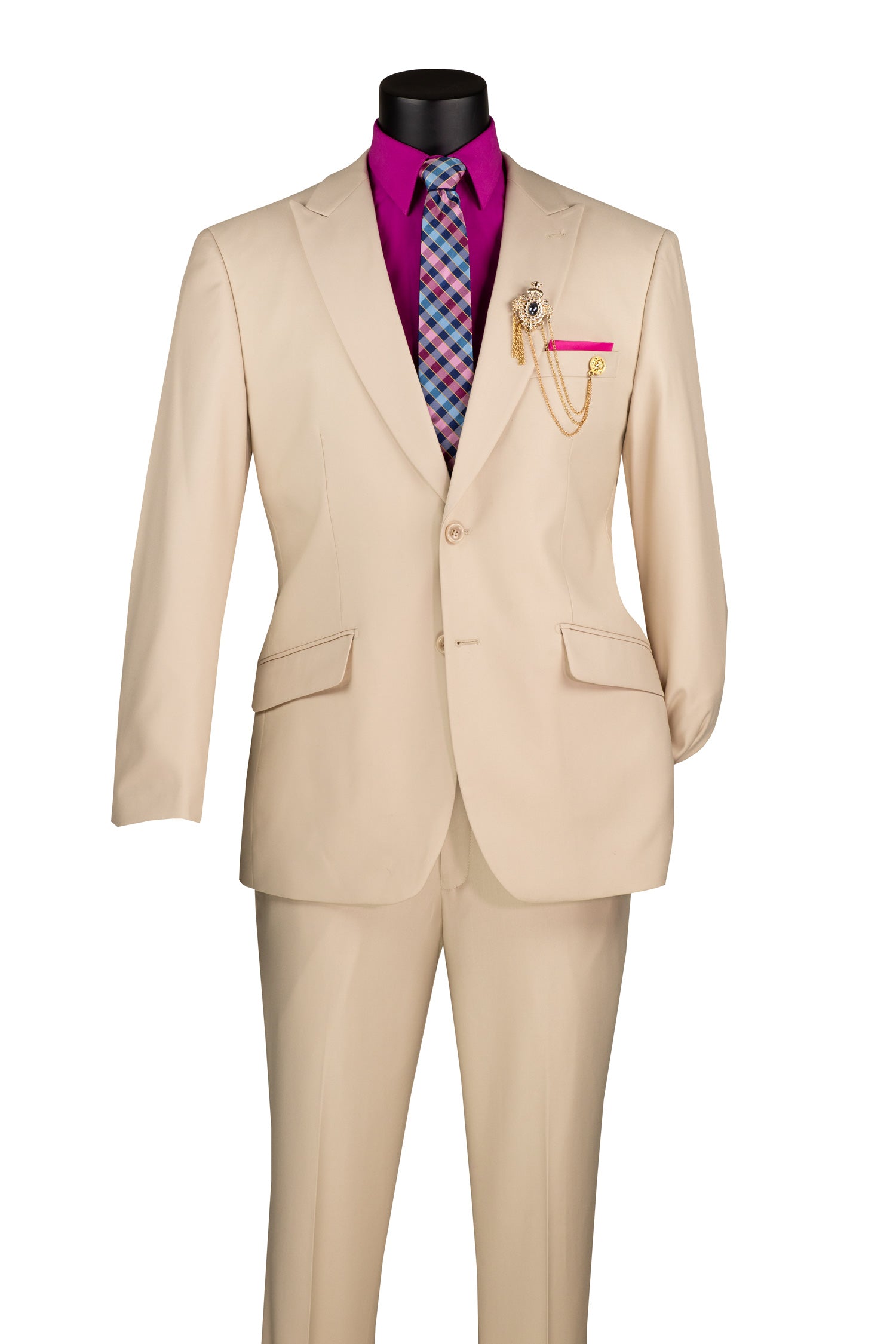 The Vinci Suits Modern Fit Suit features a peak lapel sand M2TR blazer and pants with a single-button closure. Paired elegantly with a magenta shirt, multicolored checkered tie, decorative brooch, and chain add charm to the textured ensemble.