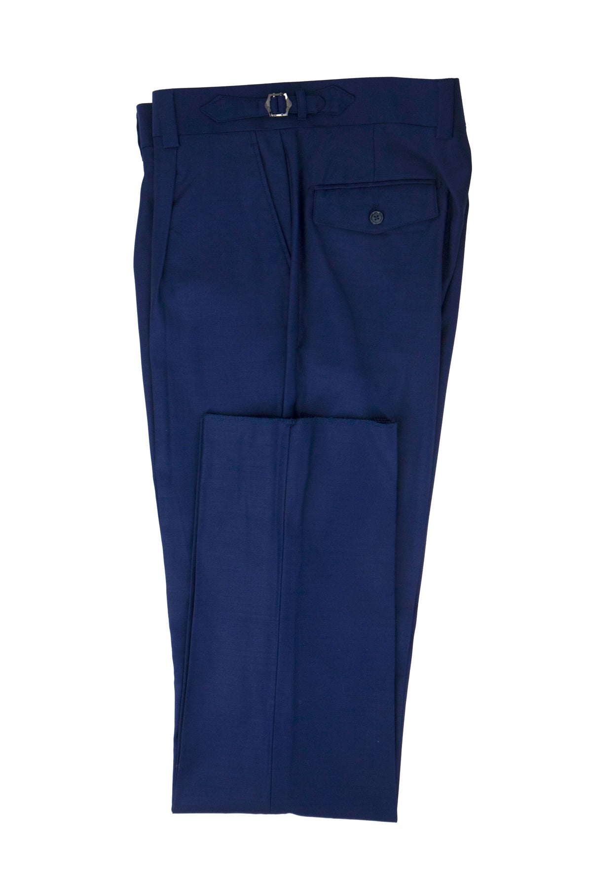 The Tiglio Luxe French Blue Marbella Dress Pants are semi-wide leg trousers crafted from extra fine wool, featuring a neatly folded design and a buttoned single back pocket for added luxury.