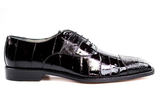 A single side-profile view of the BELVEDERE Mare black dress shoe in size 13, crafted from genuine ostrich and eel leather with a glossy finish, lace-up design, slight heel, and leather sole, shown against a white background.