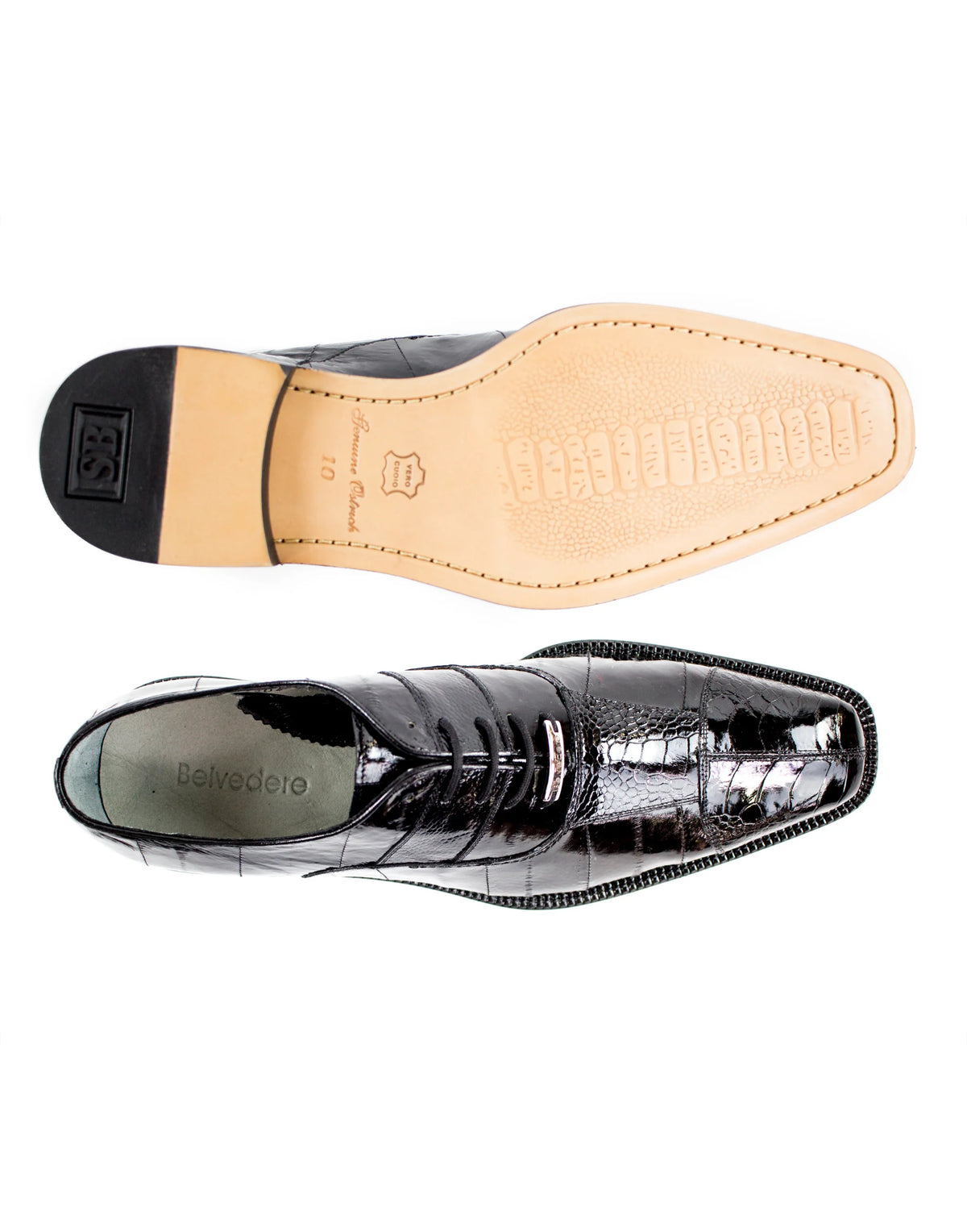 Belvedere - Mare, Genuine Ostrich and Eel Dress Shoe - Black - 2P7 black leather lace-up dress shoe with textured ostrich leather paneling.