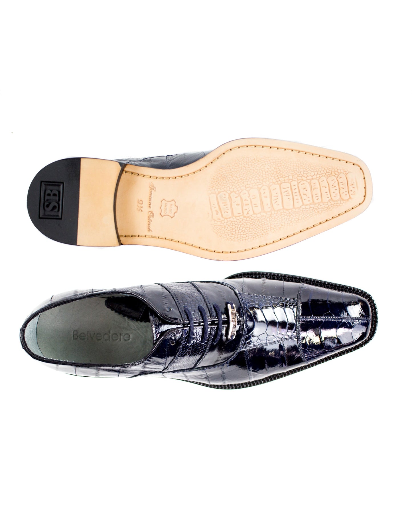 The Belvedere - Mare, a genuine ostrich and eel dress shoe in navy, is showcased on a white background. Crafted by BELVEDERE, this sophisticated shoe boasts a sleek leather sole, low heel, and lace-up closure, perfectly fusing elegance with style.