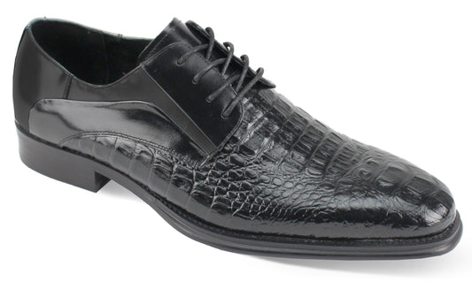 Introducing the Giovanni Mason Black Leather Shoes by GIOVANNI, designed with a stylish crocodile pattern and a plain toe lace-up design.