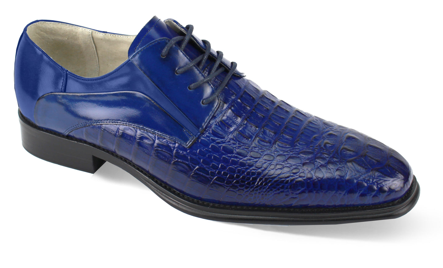 Introducing the Giovanni Mason Cobalt Leather Shoes by GIOVANNI, featuring a plain toe with a crocodile texture in blue leather, complemented by sleek black laces.