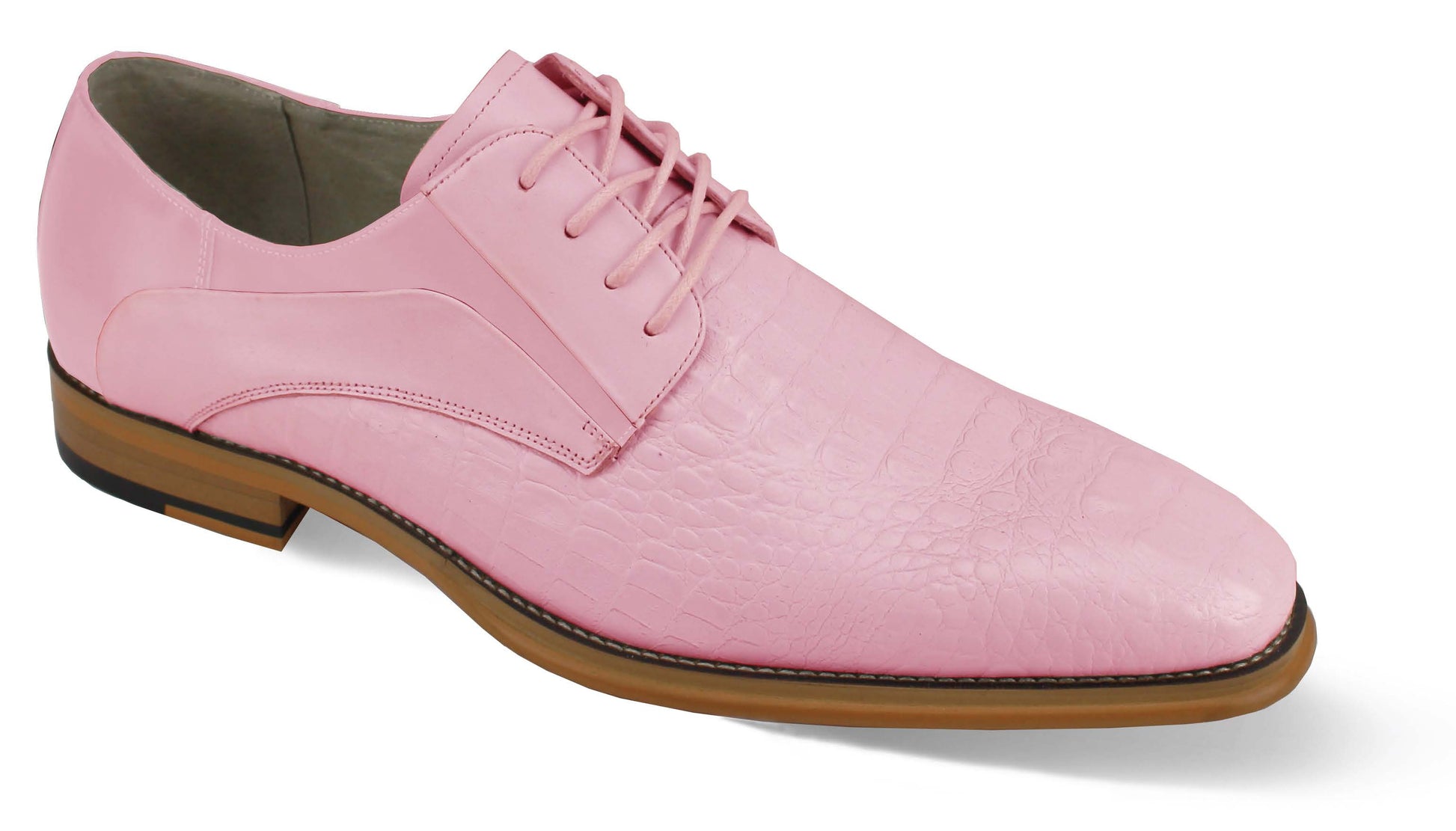 Introducing the Giovanni Mason Pink Leather Shoes by GIOVANNI, crafted from pink crocodile-textured leather with a plain toe design. They feature matching laces and a wooden sole with a slight heel for added elegance.