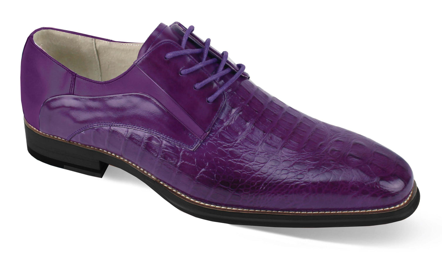Introducing the Giovanni Mason Purple Leather Shoes by GIOVANNI, a stunning pair of polished purple leather lace-up dress shoes featuring a crocodile texture, black sole, and an elegant plain toe design.