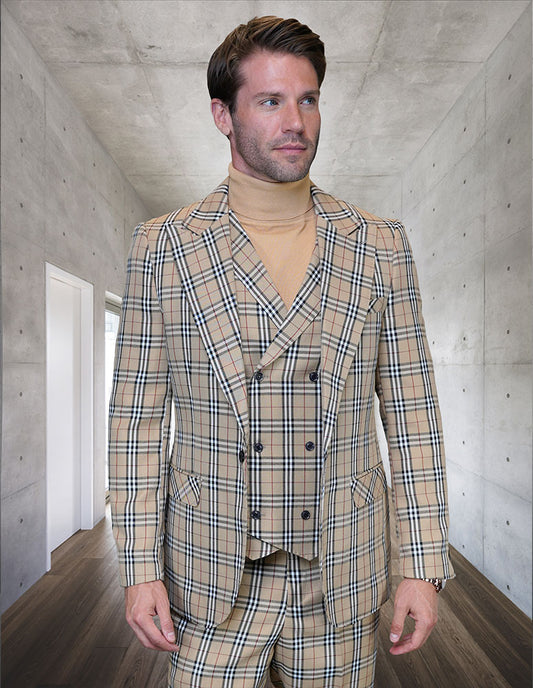 A man stands in a modern hallway wearing the STATEMENT CLOTHING | MASSARI-TAN suit by Statement Clothing, featuring Italian wool in beige plaid with a double-breasted vest and matching turtleneck for a refined, modern look.