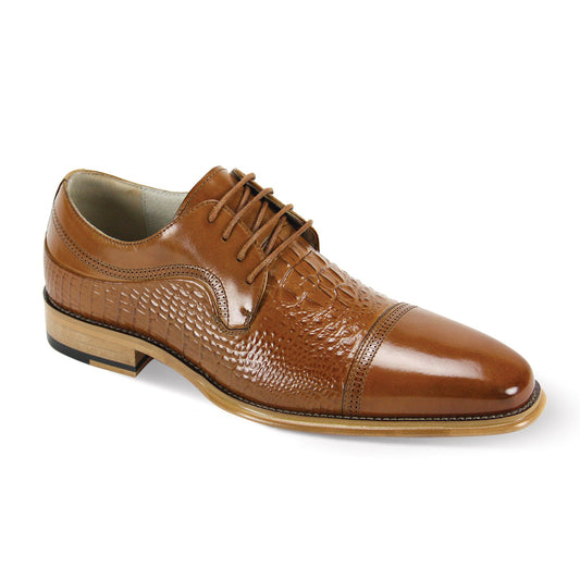 The Giovanni Mattias Tan Leather Shoes by GIOVANNI feature a cap toe and lace detailing, showcasing a textured pattern with a light brown sole, perfect for stylish footwear.
