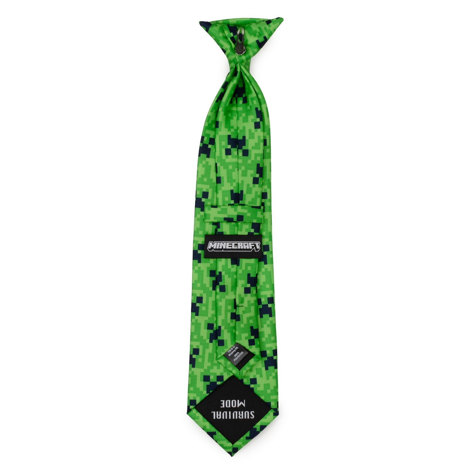The Minecraft Creeper Green Boy's Tie by Cufflinks.com features a pixelated green design inspired by the iconic Creeper face from the video game Minecraft.