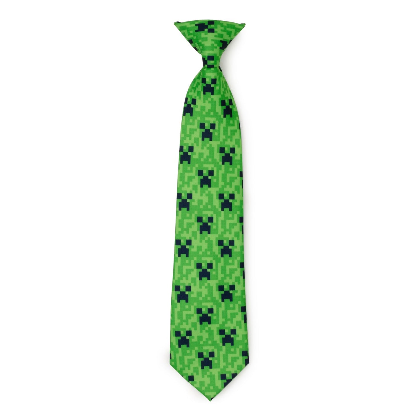 The Minecraft Creeper Green Boy's Tie by Cufflinks.com features a pixelated green design inspired by the iconic Creeper face from the video game Minecraft.