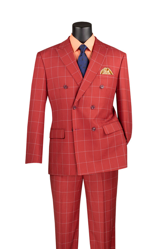 The Vinci Suits Modern Fit Double Breasted Windowpane Peak Lapel Suit in Baked Apple (MDW-1) is displayed on a black mannequin torso, paired with matching trousers, an orange shirt, a blue tie, and a yellow pocket square.