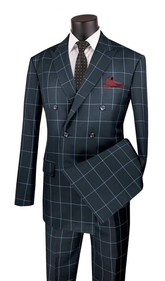 A mannequin showcases a Vinci Suits Modern Fit Double Breasted Windowpane Peak Lapel 2 Piece Suit in black (MDW-1), styled with a crisp white shirt, polka dot tie, and vibrant red pocket square.