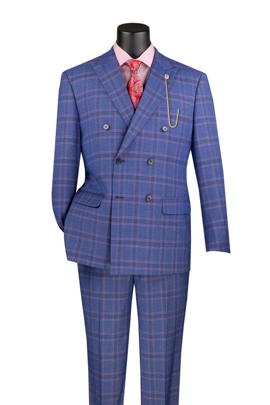 The Modern Fit Double Breasted Glen Plaid Peak Lapel 2 Piece Suit Blue MDW-2 by Vinci Suits, featuring a red paisley tie and a gold chain on the lapel, is showcased on a mannequin.