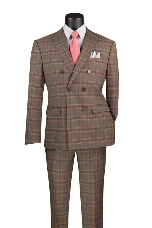 The Vinci Suits Modern Fit Double Breasted Glen Plaid Peak Lapel 2 Piece Suit in brown, paired with a white shirt and pink tie, elegantly drapes on a headless mannequin.