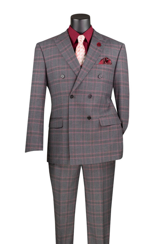 The Vinci Suits Modern Fit Double Breasted Glen Plaid Peak Lapel Suit in charcoal MDW-2 pairs with a burgundy shirt and striped tie for a polished look.