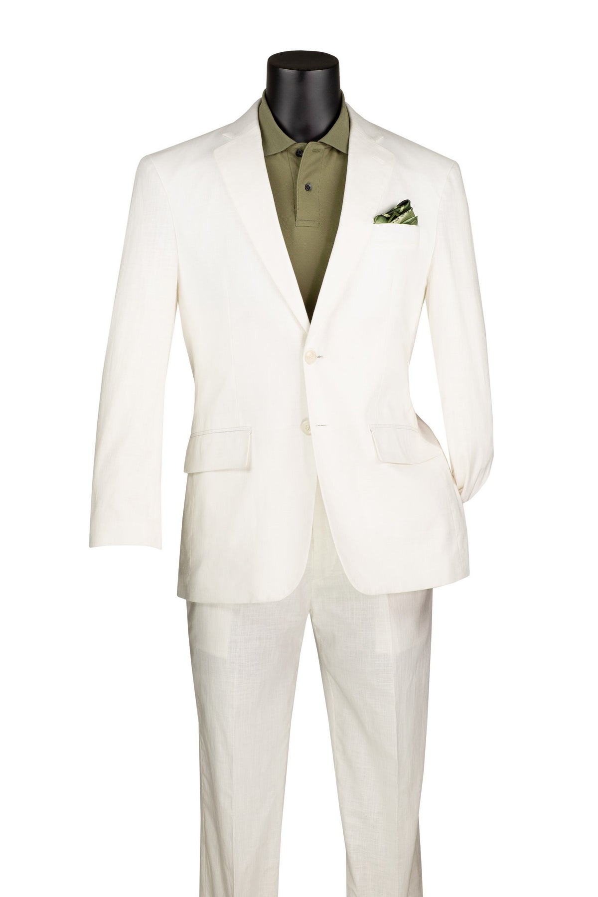 The mannequin showcases a Vinci Suits' Modern Fit 2 Piece with Stretch Lining Adjustable Waistband Suit in White MLC-1, complemented by an olive green polo shirt and pocket square, set against a white background.