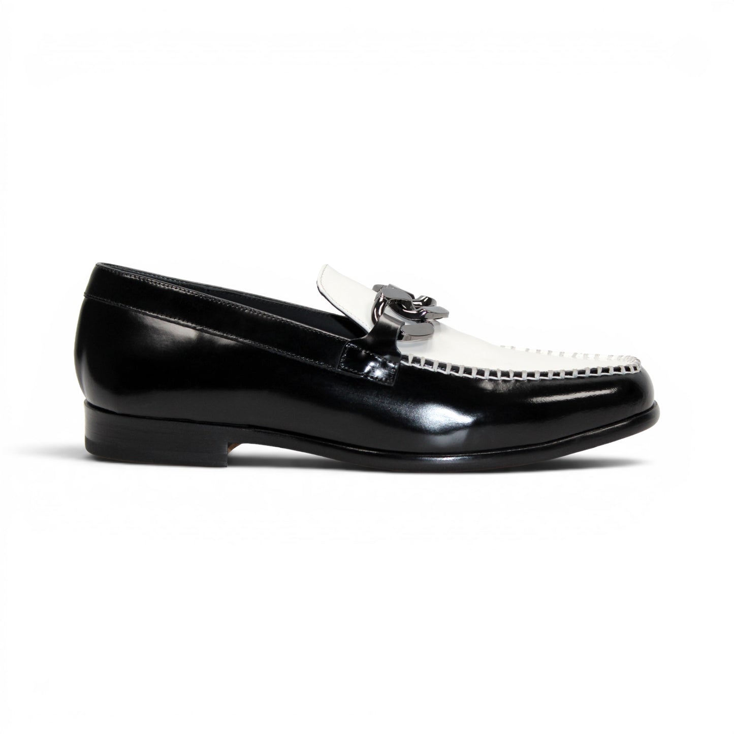 Emilio Franco M2 Black/White loafer, an Italian-crafted leather shoe featuring a decorative metal bit, is shown in profile on a white background.