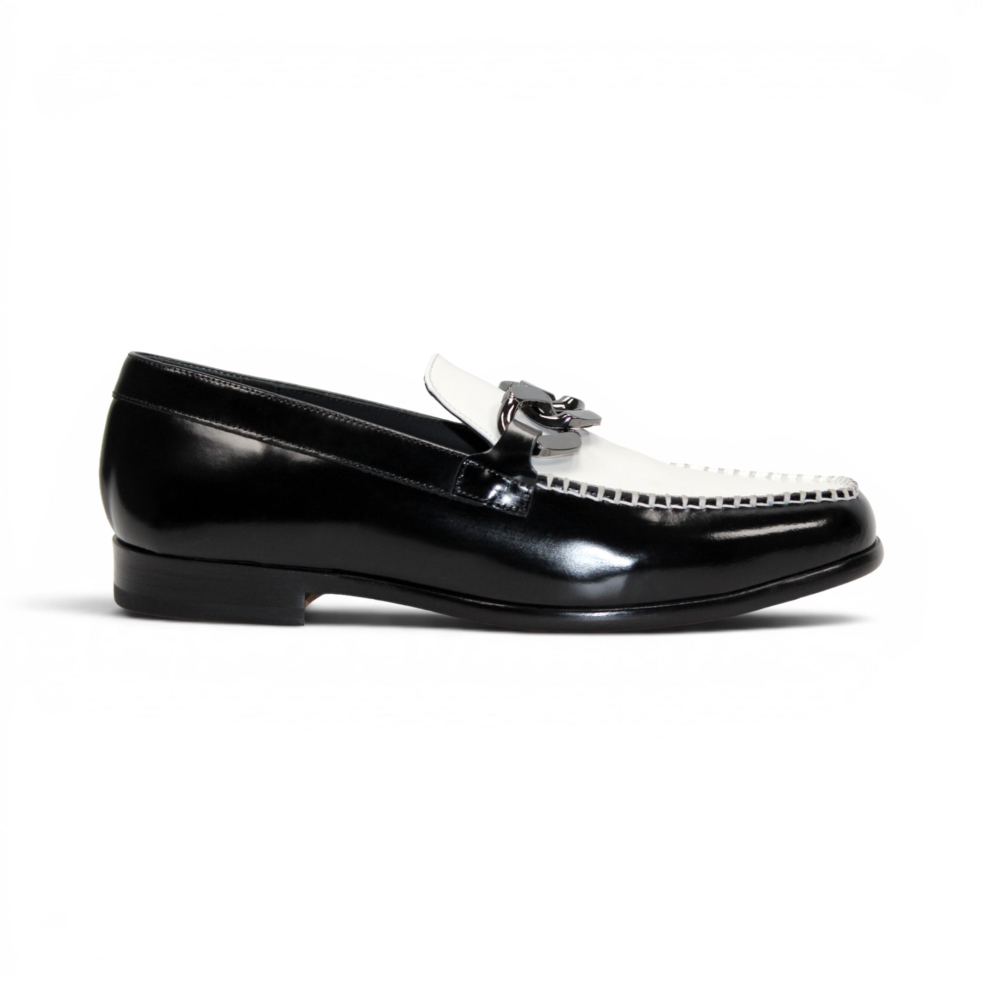 Emilio Franco M2 Black/White loafer, an Italian-crafted leather shoe featuring a decorative metal bit, is shown in profile on a white background.