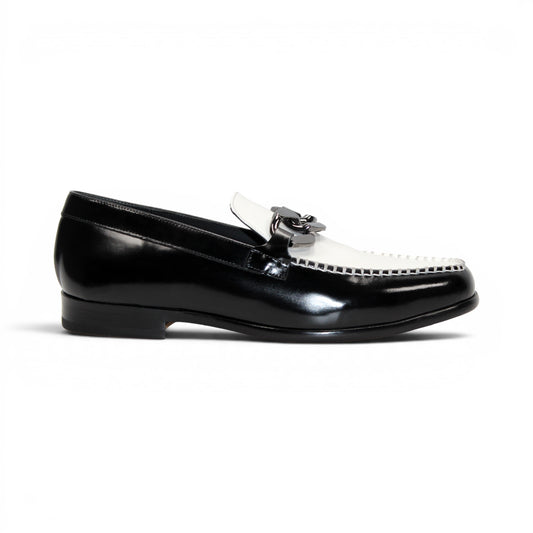 Emilio Franco M2 Black/White loafer, an Italian-crafted leather shoe featuring a decorative metal bit, is shown in profile on a white background.