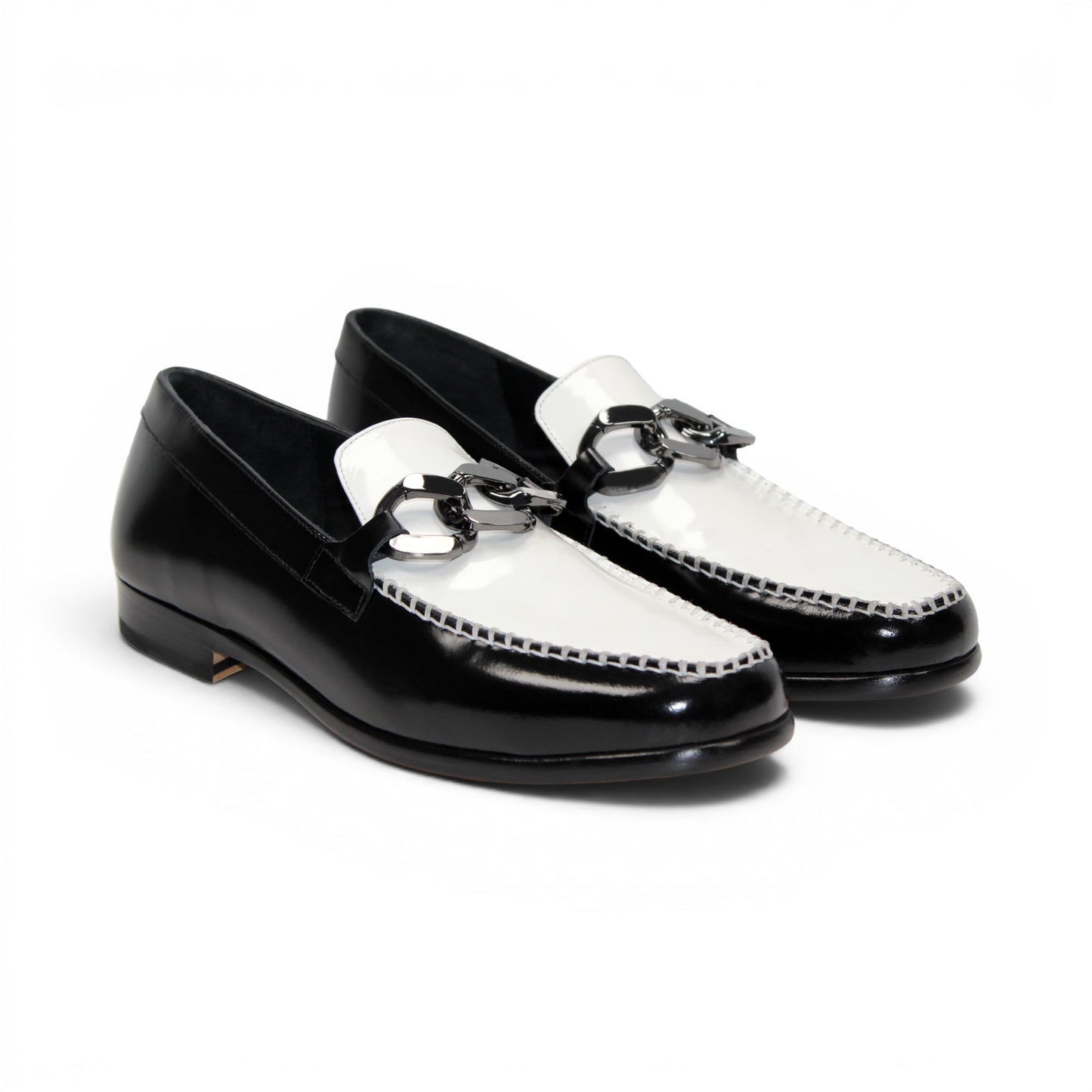 Emilio Franco M2 Black/White loafer, an Italian-crafted leather shoe featuring a decorative metal bit, is shown in profile on a white background.