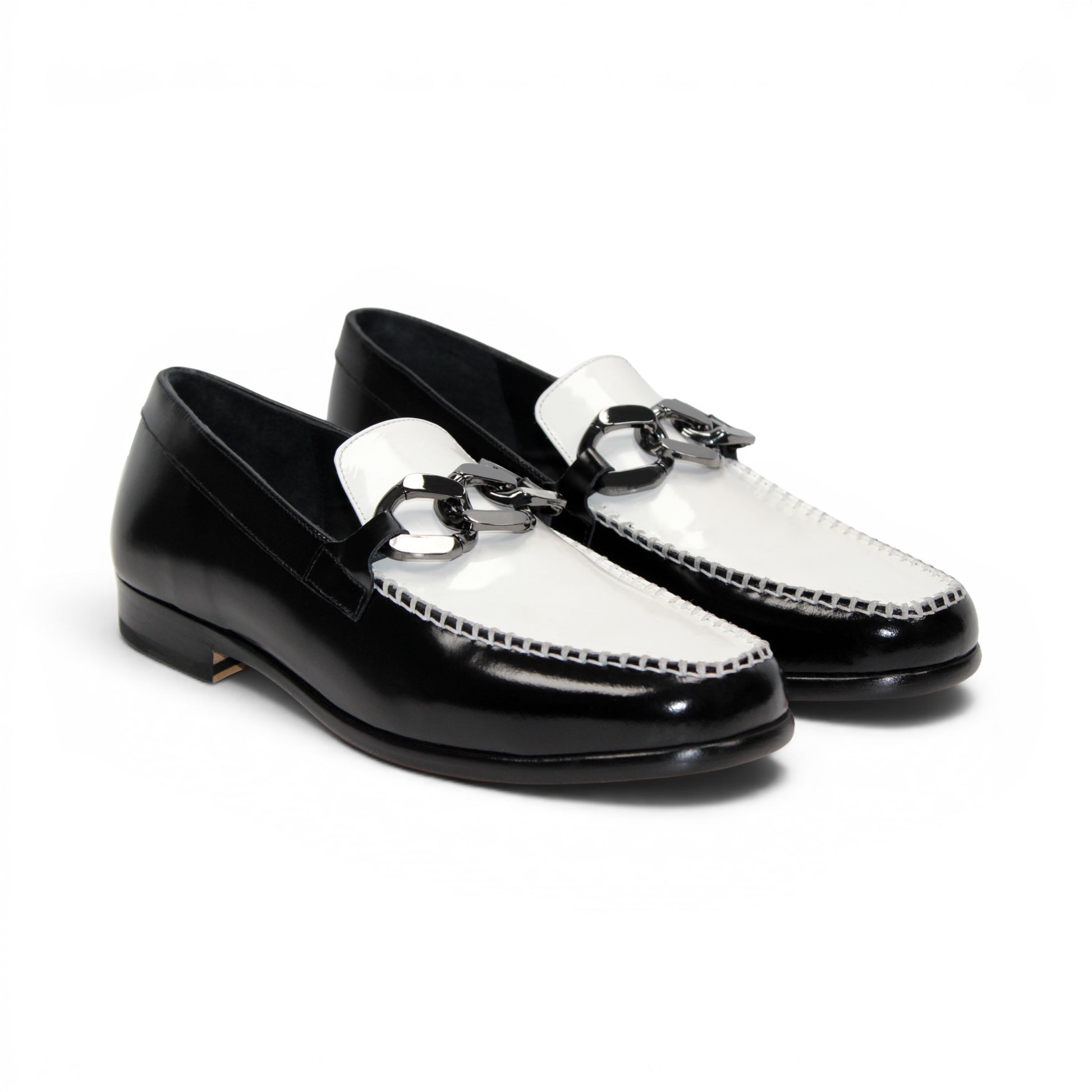 Emilio Franco M2 Black/White loafer, an Italian-crafted leather shoe featuring a decorative metal bit, is shown in profile on a white background.