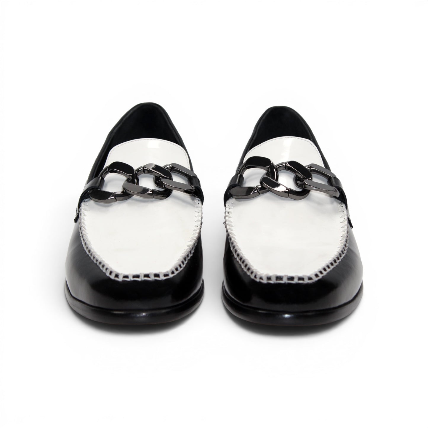 Emilio Franco M2 Black/White loafer, an Italian-crafted leather shoe featuring a decorative metal bit, is shown in profile on a white background.
