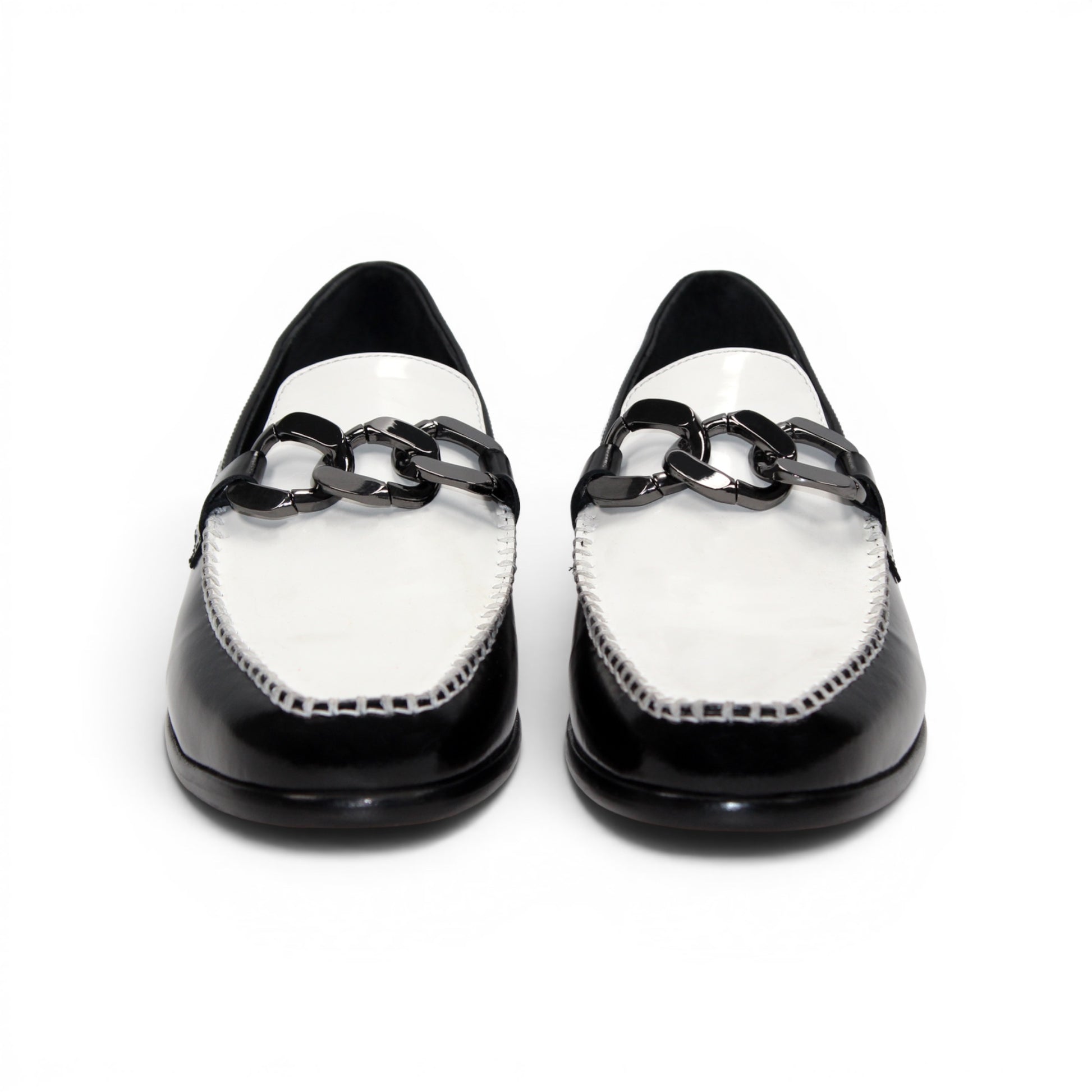Emilio Franco M2 Black/White loafer, an Italian-crafted leather shoe featuring a decorative metal bit, is shown in profile on a white background.