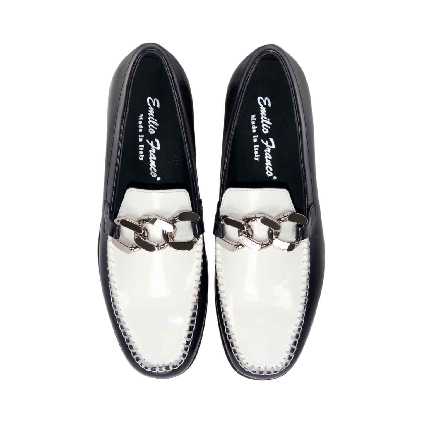 Emilio Franco M2 Black/White loafer, an Italian-crafted leather shoe featuring a decorative metal bit, is shown in profile on a white background.