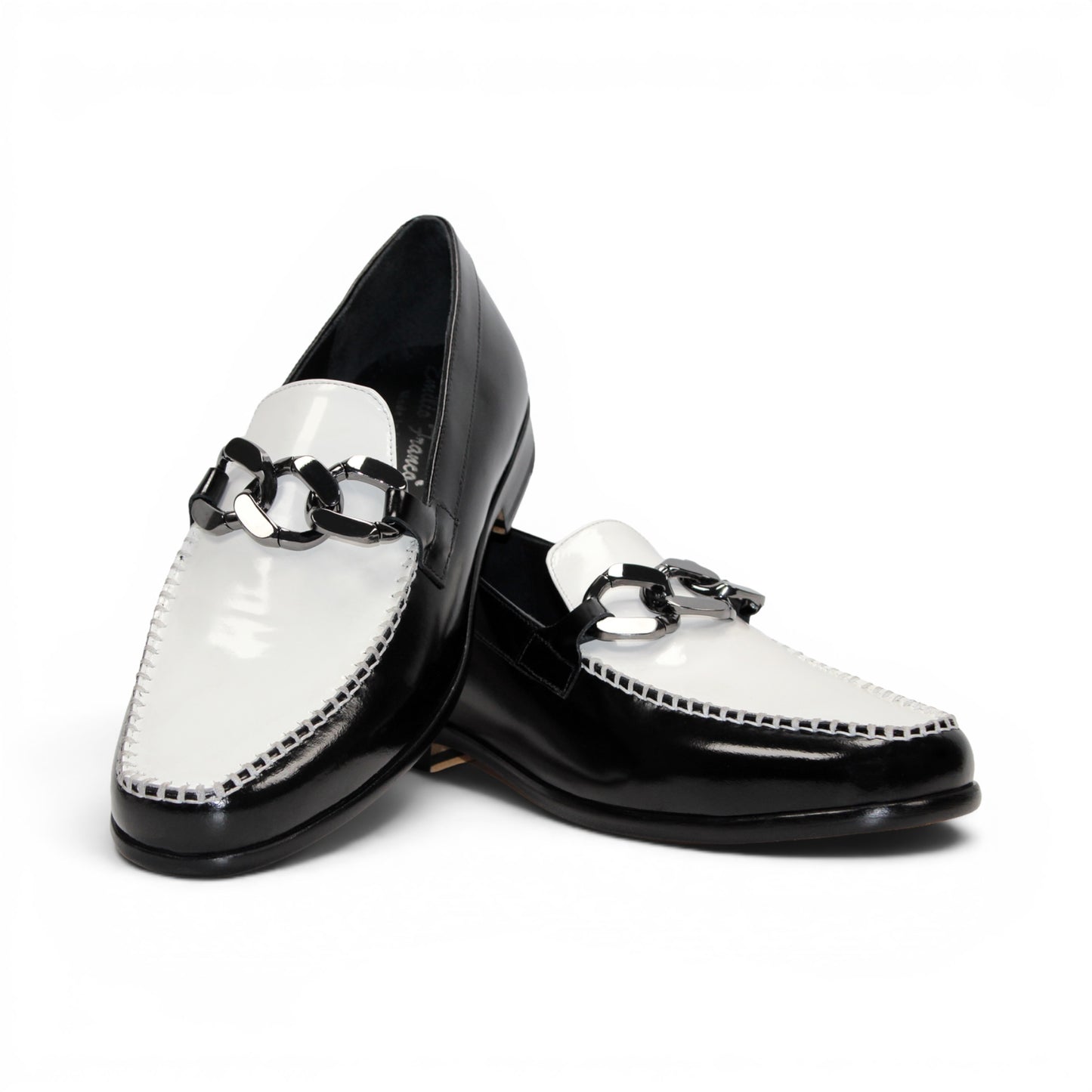 Emilio Franco M2 Black/White loafer, an Italian-crafted leather shoe featuring a decorative metal bit, is shown in profile on a white background.