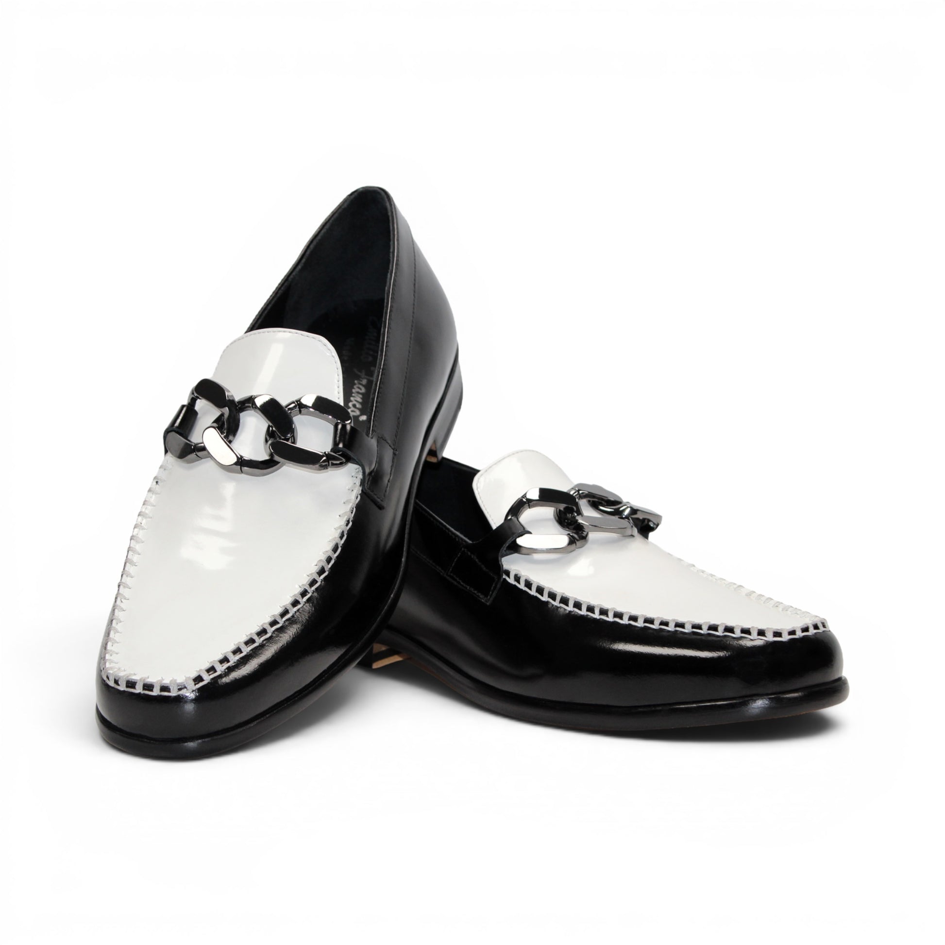 Emilio Franco M2 Black/White loafer, an Italian-crafted leather shoe featuring a decorative metal bit, is shown in profile on a white background.