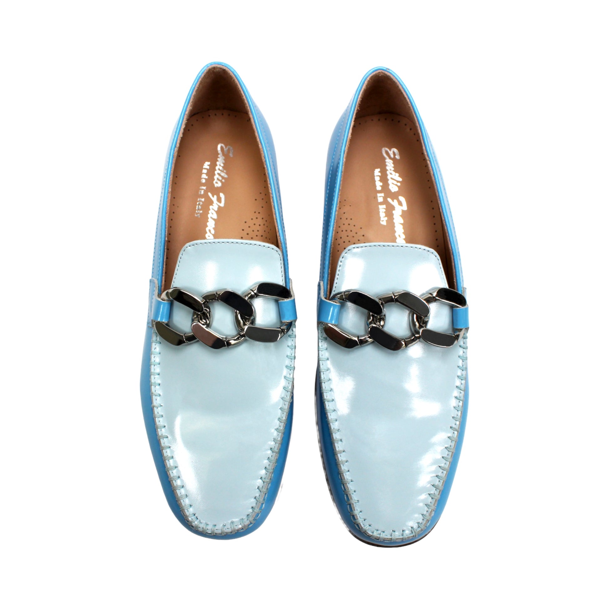 The Emilio Franco M2 Light Blue is a shiny light blue genuine leather loafer by Emilio Franco, featuring a silver decorative buckle on top and a classic leather sole, displayed on a flat white background.