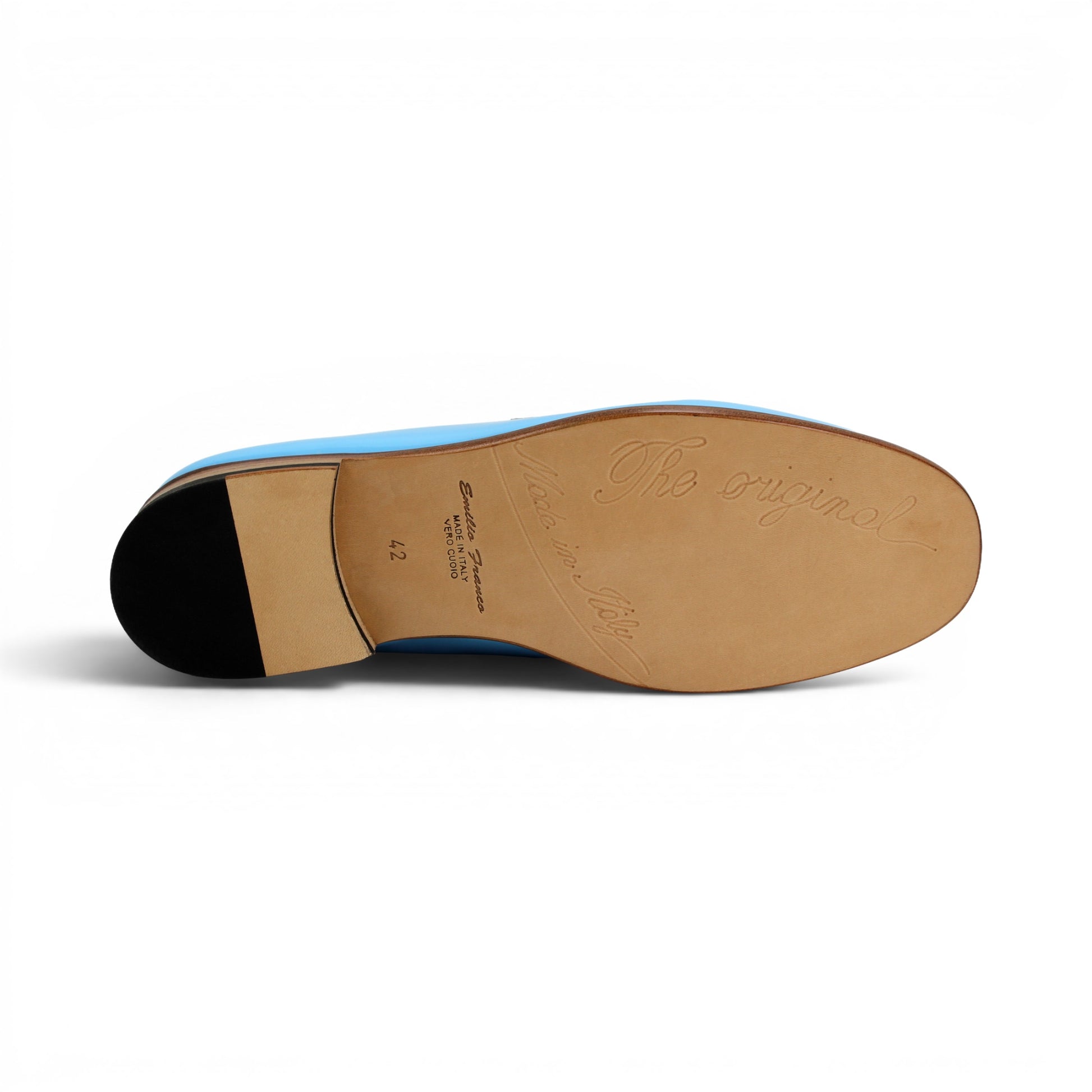 The Emilio Franco M2 Light Blue is a shiny light blue genuine leather loafer by Emilio Franco, featuring a silver decorative buckle on top and a classic leather sole, displayed on a flat white background.