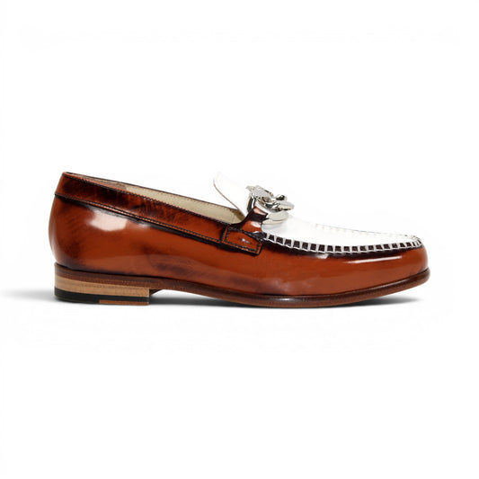 The Emilio Franco M2 Brandy/White is an Italian-crafted loafer by Emilio Franco, made from premium brown and white genuine leather. It features a classic leather sole, silver horsebit detail, low wooden heel, and stitched accents. Shown in side profile against a white background.
