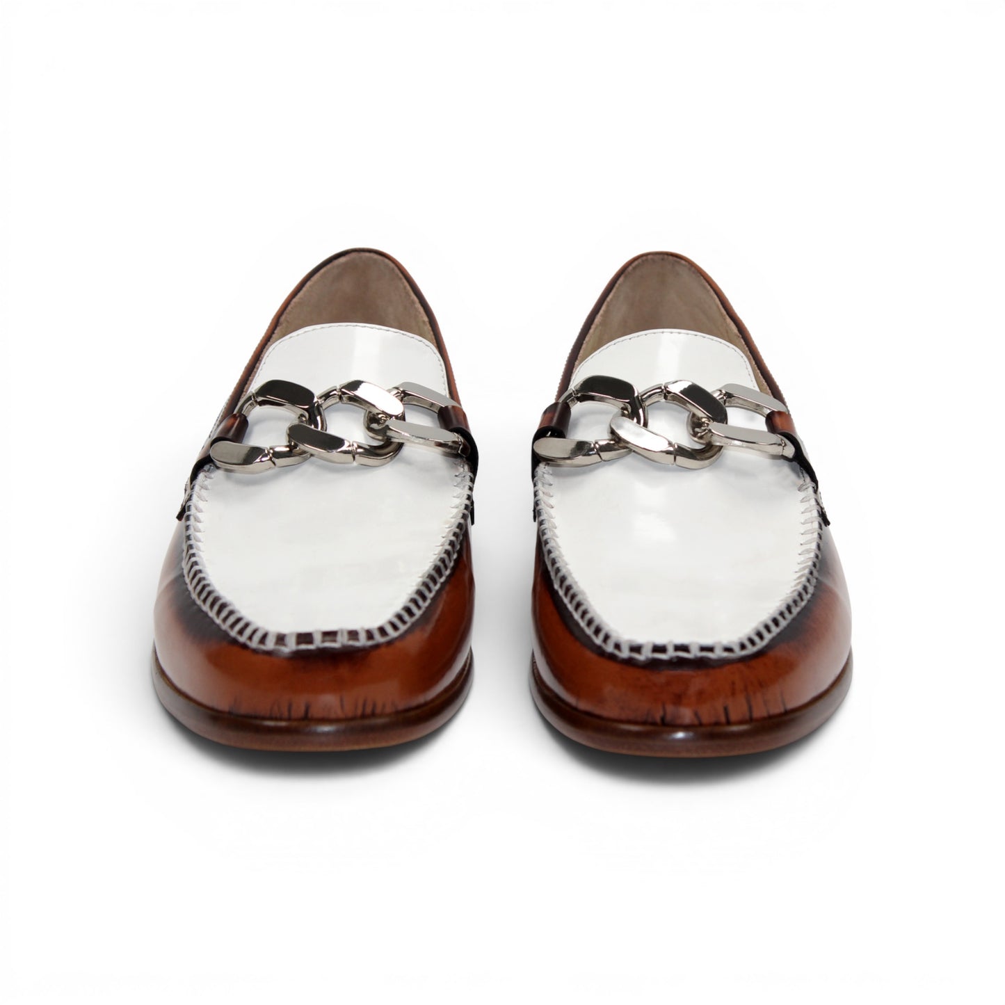 The Emilio Franco M2 Brandy/White is an Italian-crafted loafer by Emilio Franco, made from premium brown and white genuine leather. It features a classic leather sole, silver horsebit detail, low wooden heel, and stitched accents. Shown in side profile against a white background.